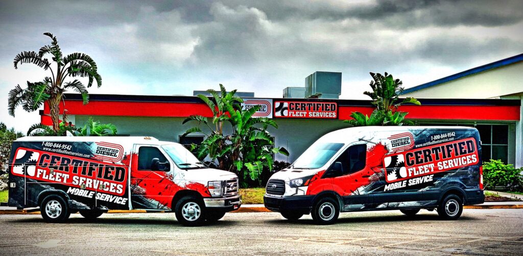 2 Certified Fleet Services vehicles in front of their store