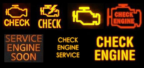 Seven different versions of a "check engine" or "service engine soon" light displayed