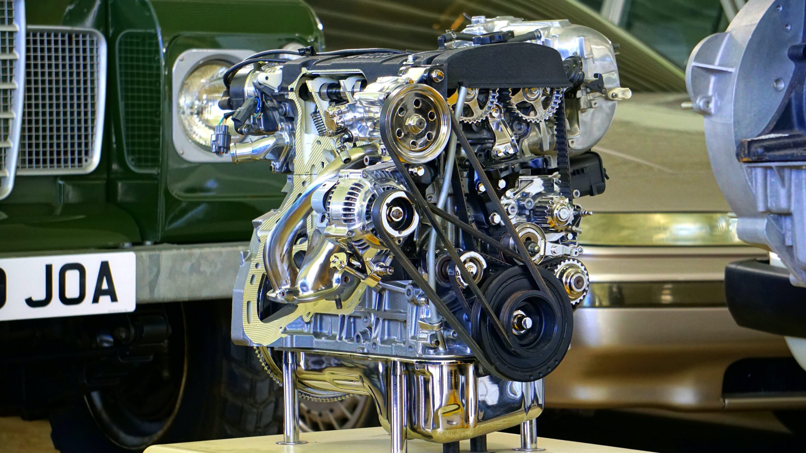 A picture of an engine out of its chassis