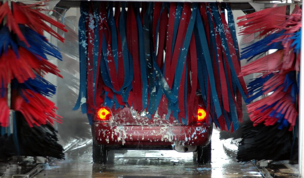 A car wash for trucks and sedans in use