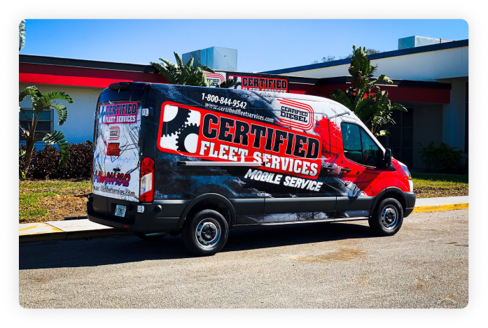 A picture of a Certified Fleet Services mobile repair van in the sunlight in front of their office