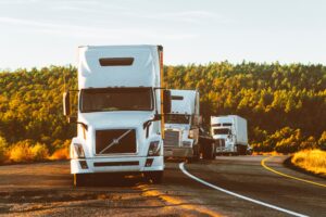 A line-up of fleet trucks parked along the side of a road